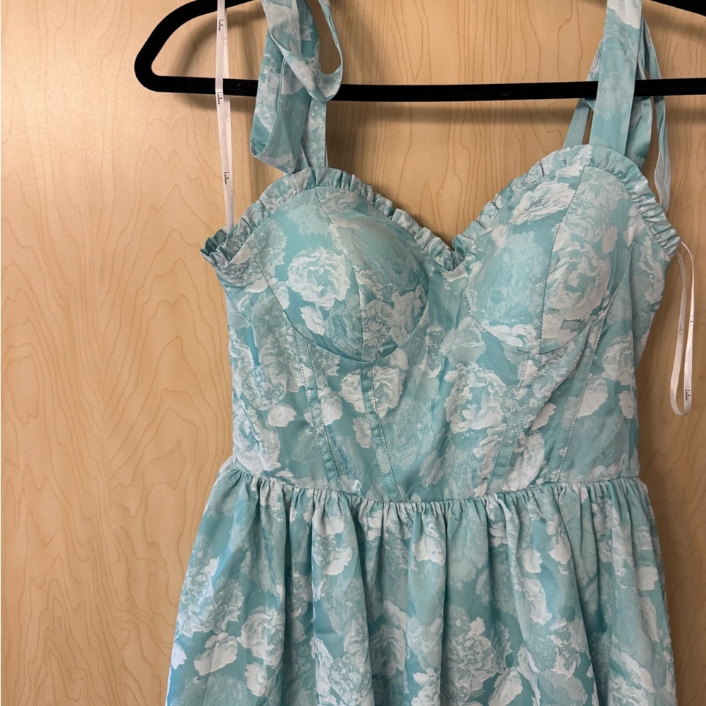 Lulus | Lovely Bliss Aqua Floral Jacquard Strapless Bustier Midi Dress Blue - Picture 5 of 10